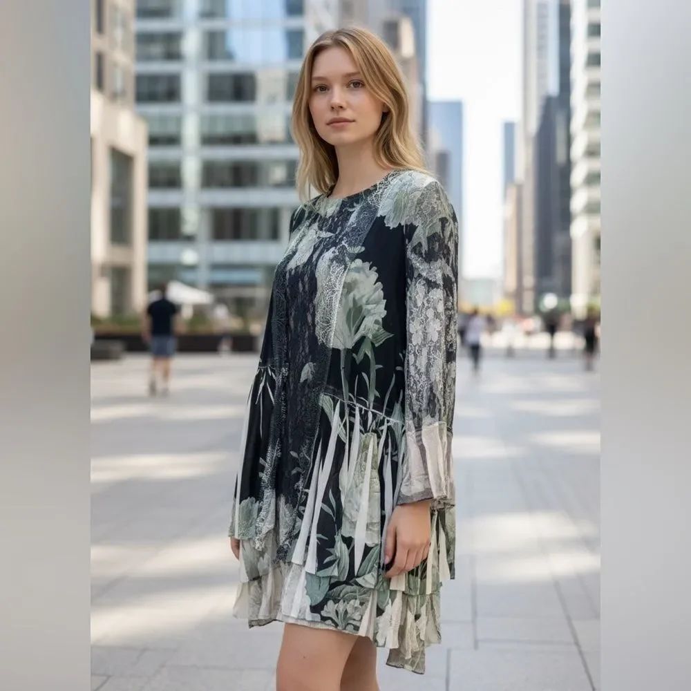Origami Artsy Layered Tunic Dress Floral Lace Boho Small